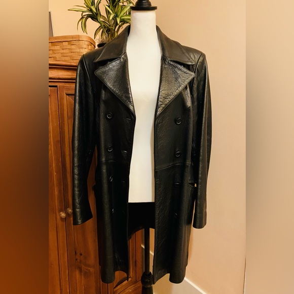SOLD Express Double Breasted Black Leather Pea Trench Coat Vintage - Picture 1 of 10